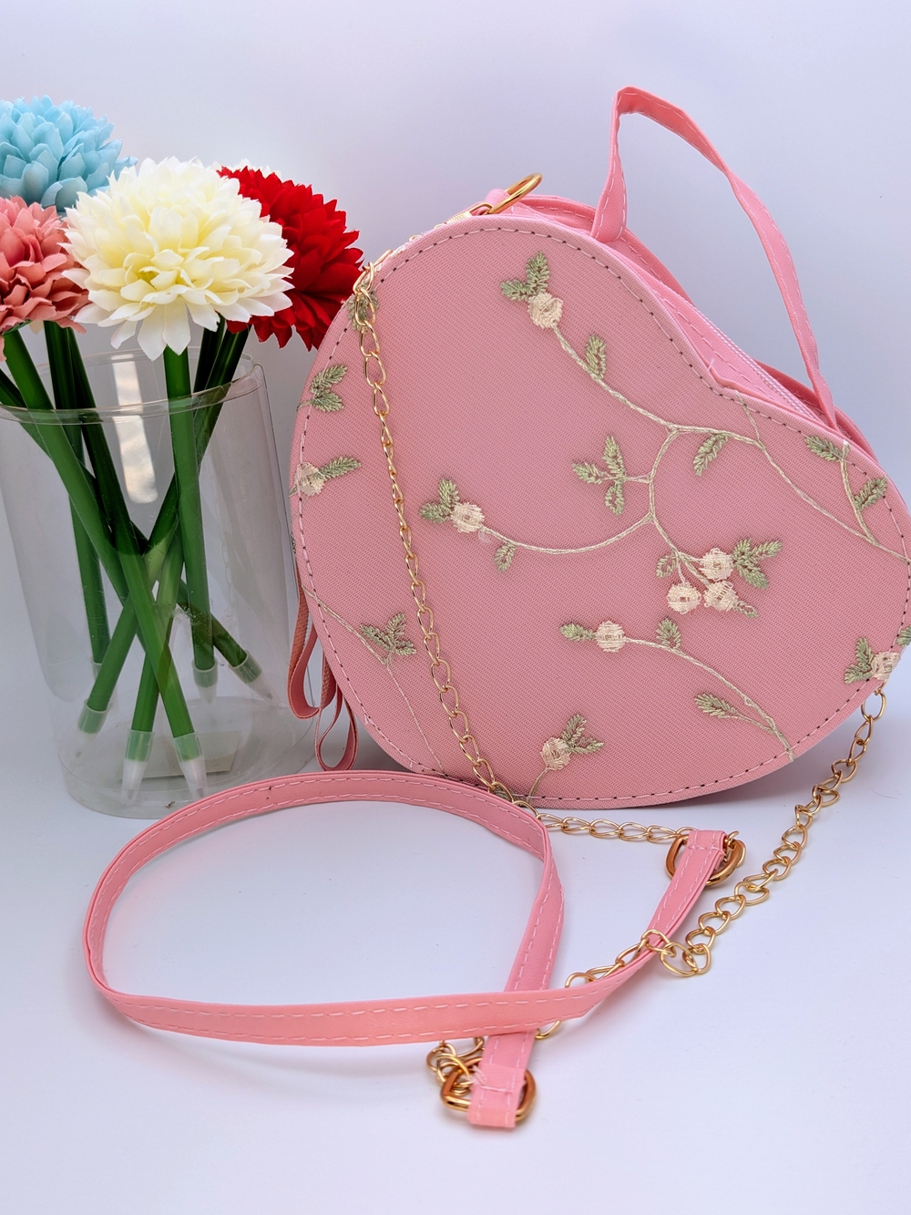 Pink Heart Crossbody Bag with Floral Embroidery
